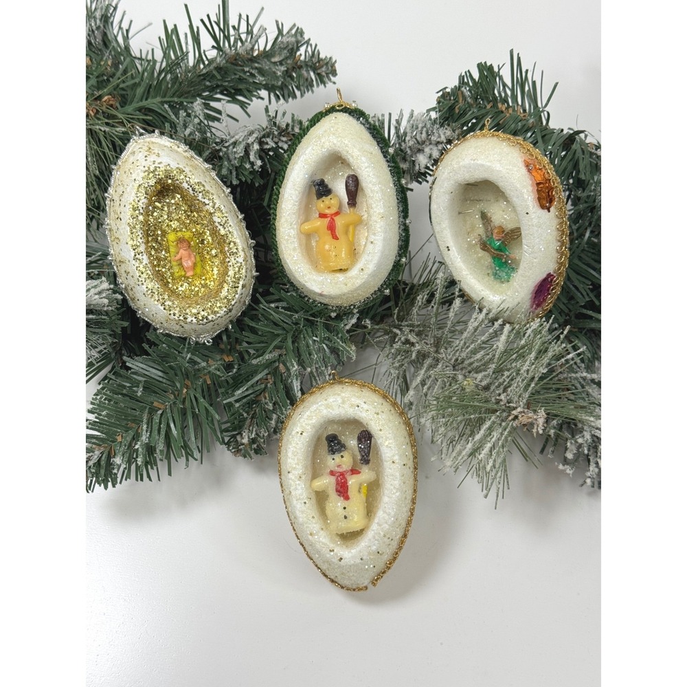 Vtg Egg Diorama Christmas Ornaments Sugared Snowman Angel Nativity Set Handmade